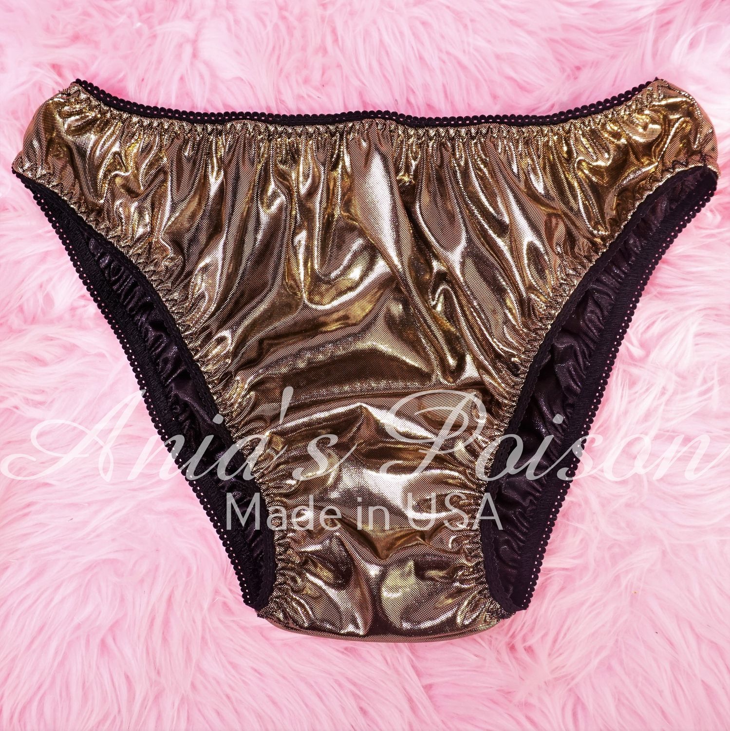 Anias Poison Full bikini cut GOLD Soft Foil satin lined SISSY metallic panties for men MANTIES sz S - XXL