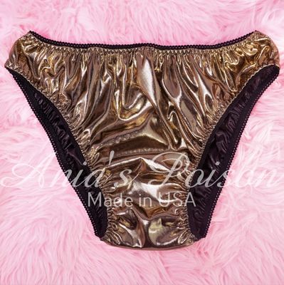 Anias Poison Full bikini cut GOLD Soft Foil satin lined SISSY metallic panties for men MANTIES sz S - XXL
