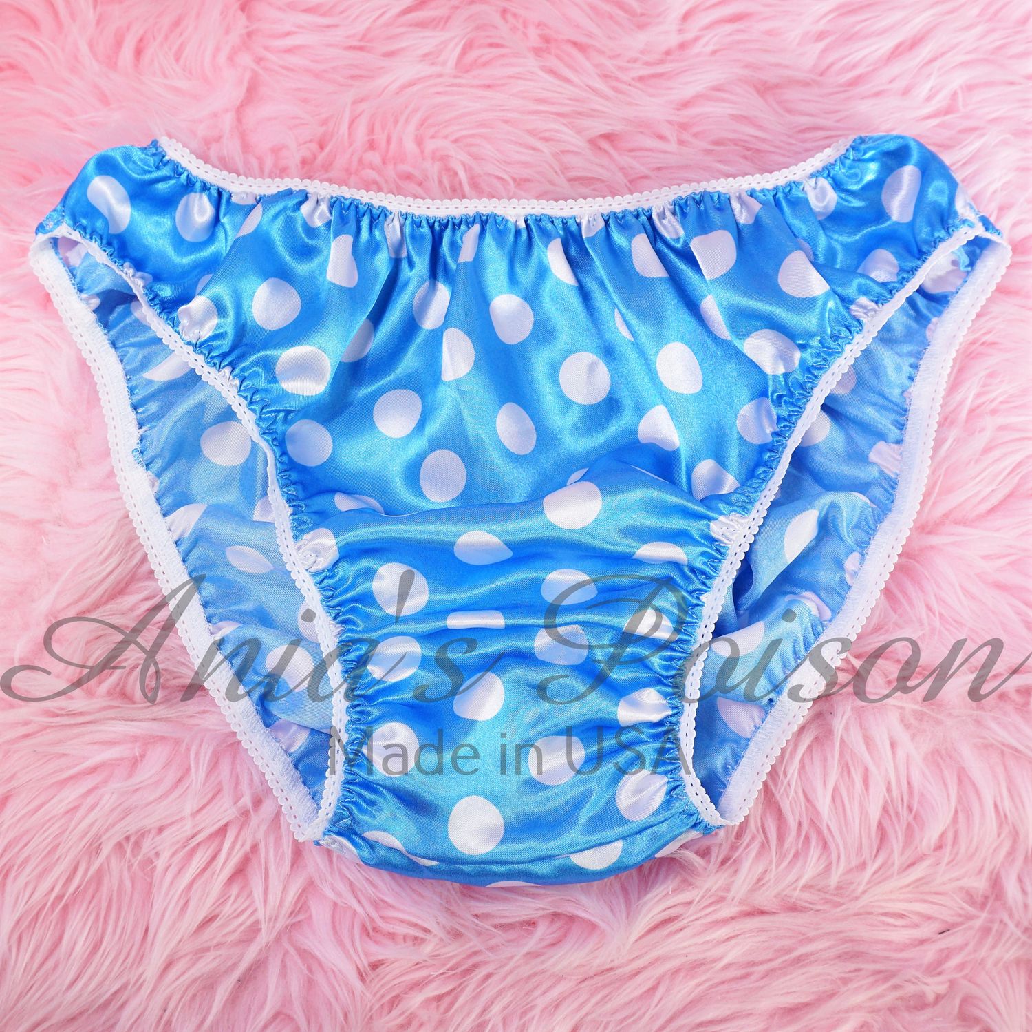 Anias Poison Full bikini cut Blue & White Polka Dot Soft satin lined SISSY panties for men MANTIES sz S - XXL