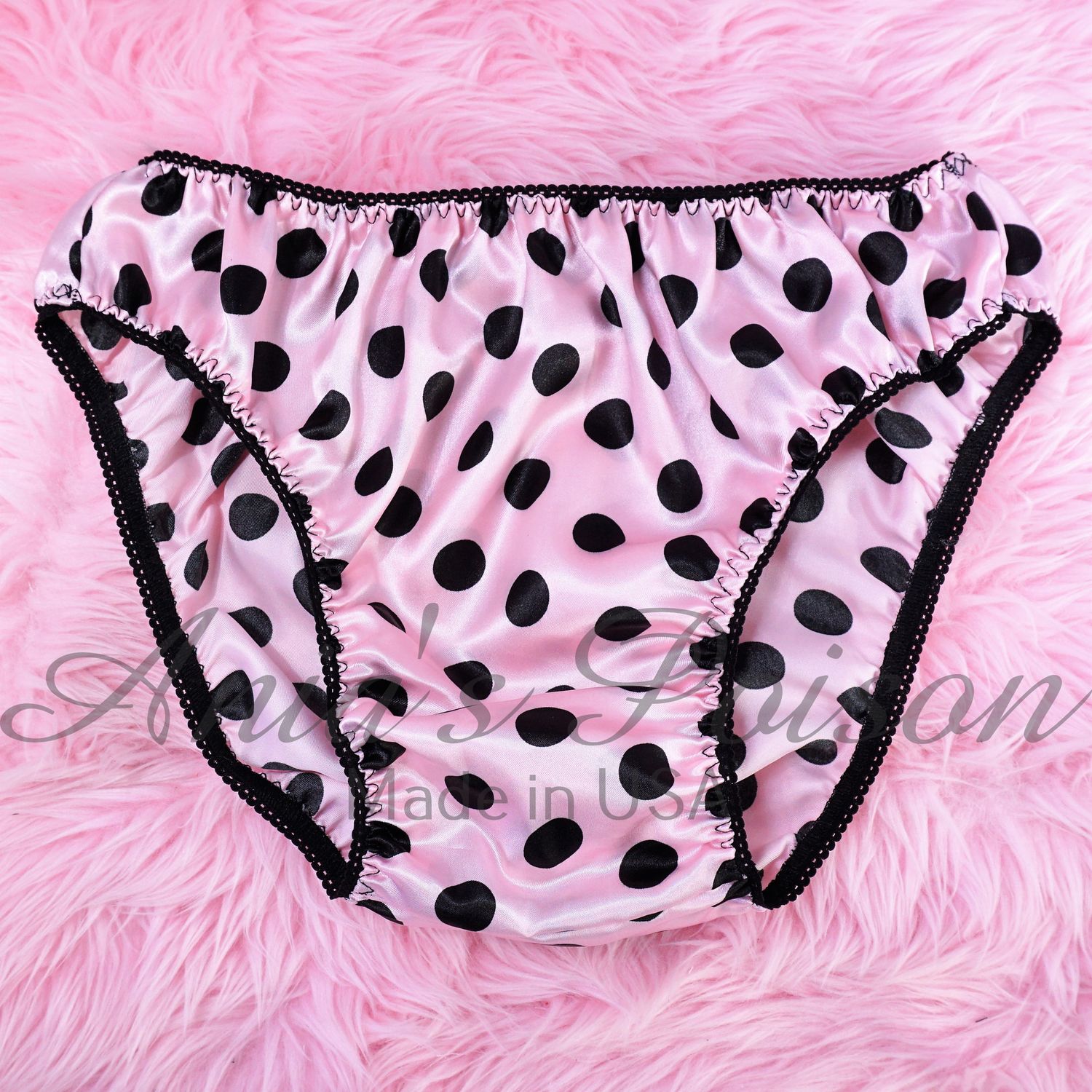 Anias Poison Full bikini cut baby Pink & Black Polka Dot Soft satin lined SISSY panties for men MANTIES sz S - XXL