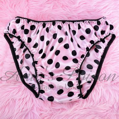 Anias Poison Full bikini cut baby Pink & Black Polka Dot Soft satin lined SISSY panties for men MANTIES sz S - XXL