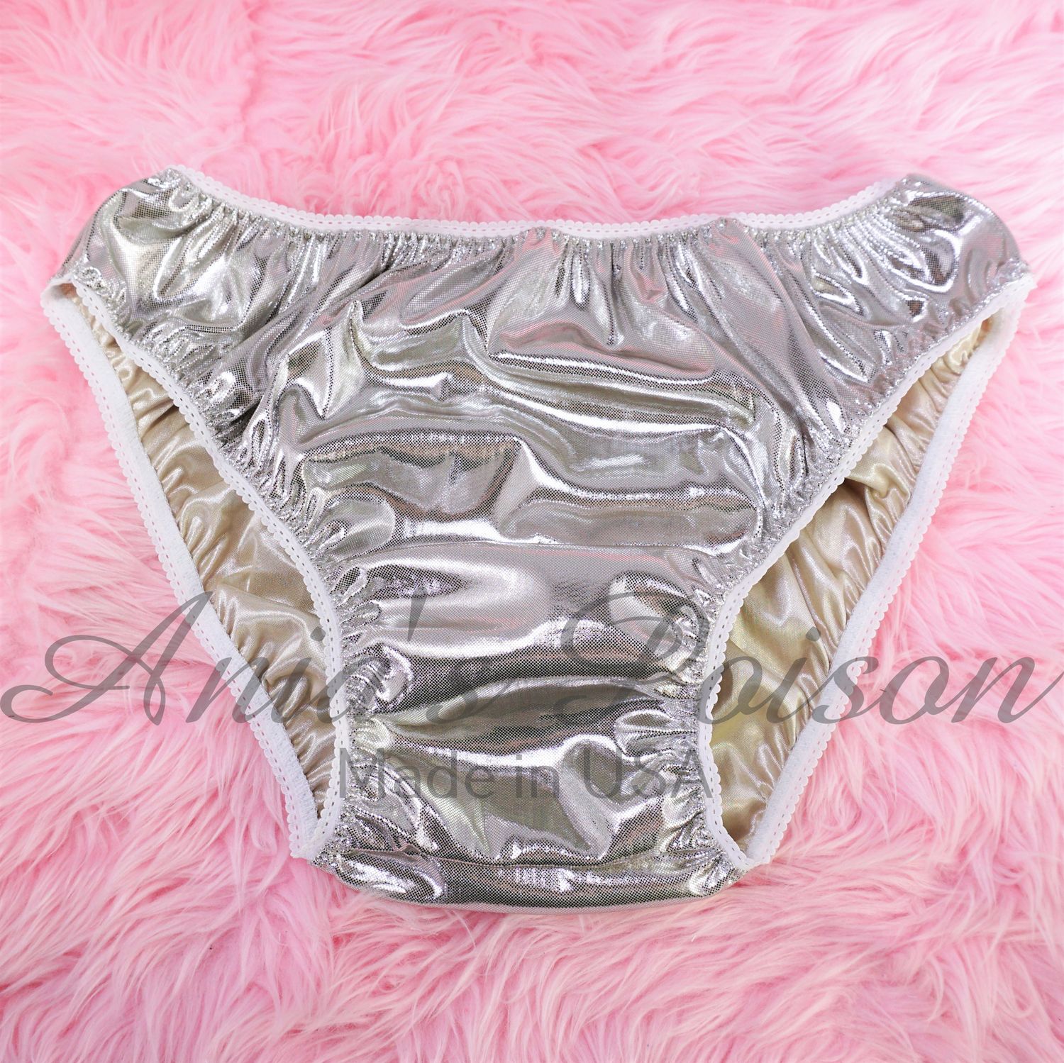 Anias Poison Full bikini cut CHAMPAGNE Soft Foil satin lined SISSY metallic panties for men MANTIES sz S - XXL