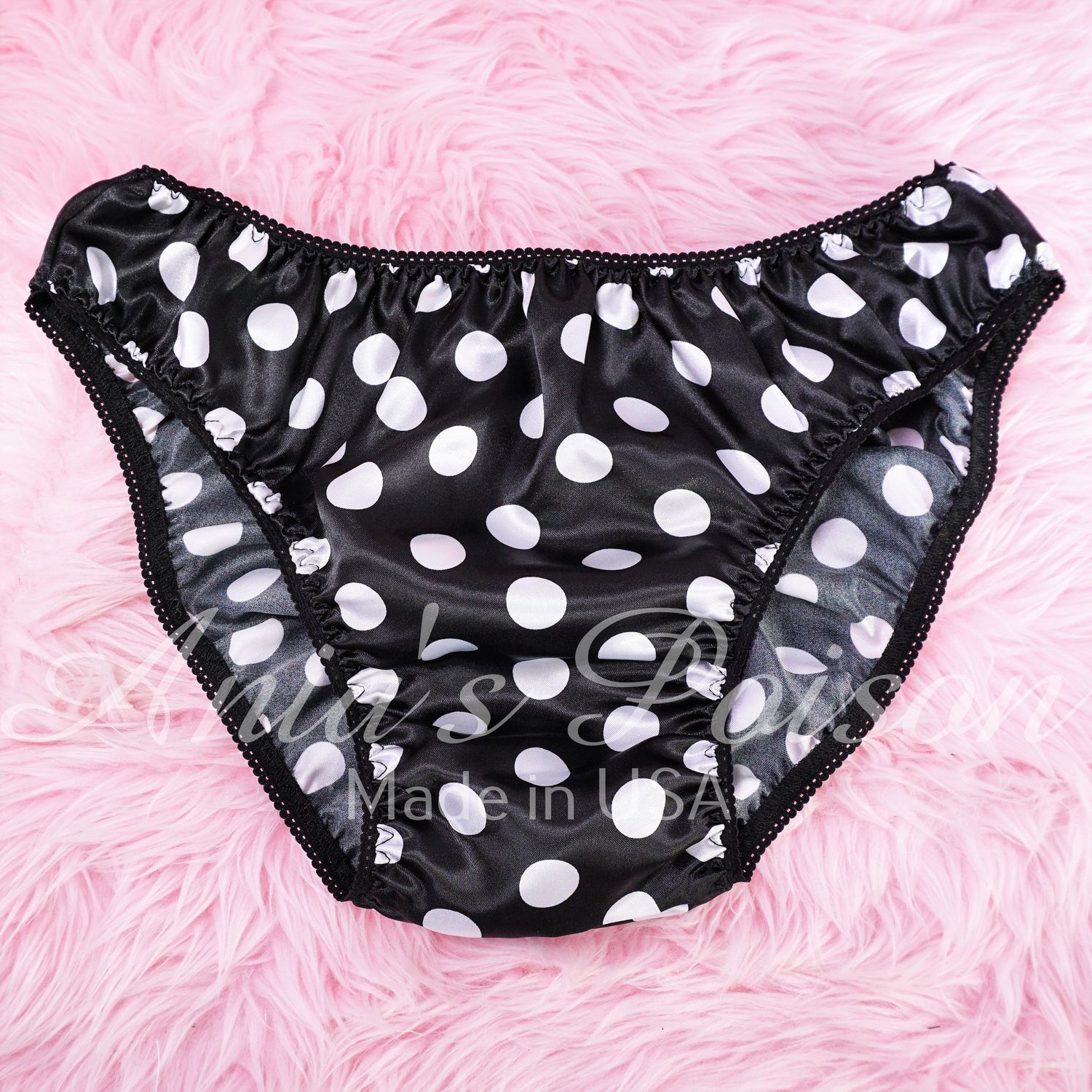 Anias Poison Full bikini cut Black & White Polka Dot Soft satin lined SISSY panties for men MANTIES sz S - XXL