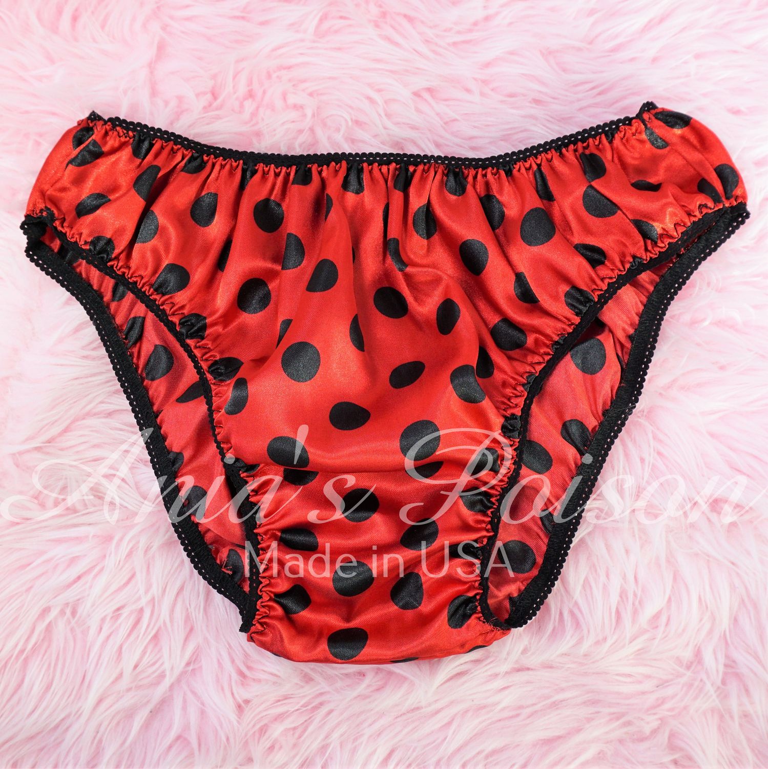 Anias Poison Full bikini cut Red & Black Polka Dot Soft satin lined SISSY panties for men MANTIES sz S - XXL