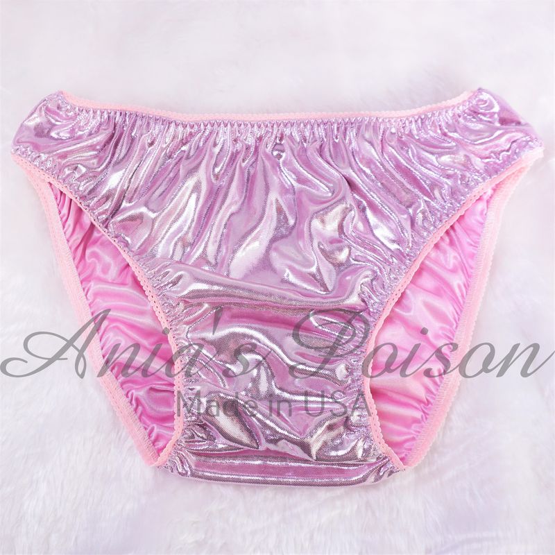 Anias Poison Full bikini cut PINK Soft Foil satin lined SISSY metallic panties for men MANTIES sz S - XXL