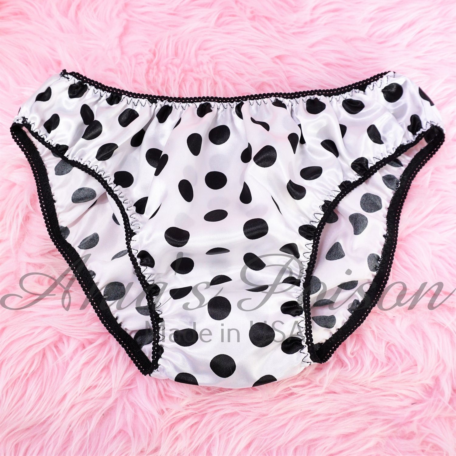 Anias Poison Full bikini cut White & Black Polka Dot Soft satin lined SISSY panties for men MANTIES sz S - XXL