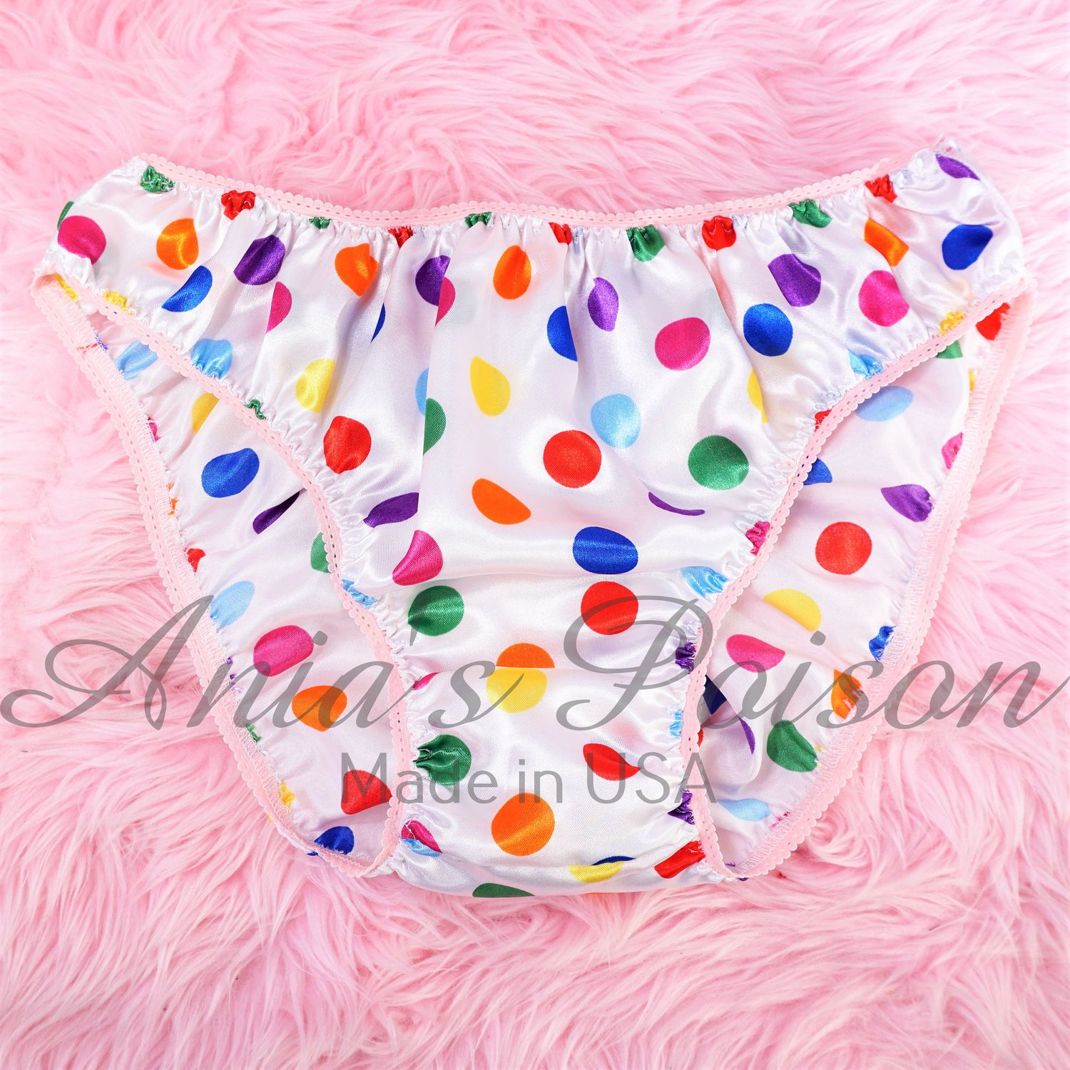 Anias Poison Full bikini cut Rainbow Polka Dot Soft satin lined SISSY panties for men MANTIES sz S - XXL