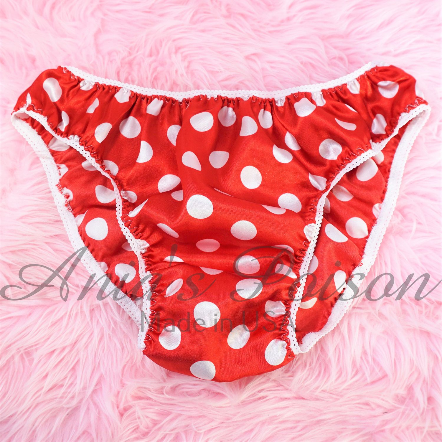 Anias Poison Full bikini cut Red & White Polka Dot Soft satin lined SISSY panties for men MANTIES sz S - XXL