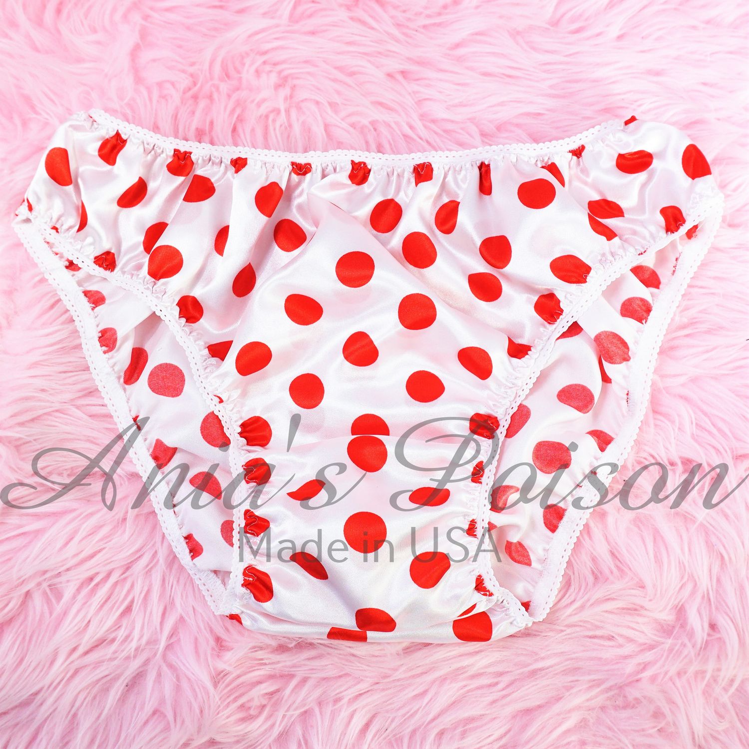 Anias Poison Full bikini cut White & Red Polka Dot Soft satin lined SISSY panties for men MANTIES sz S - XXL