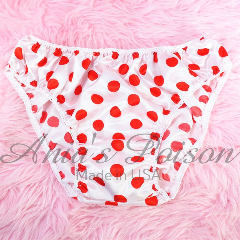 Anias Poison Full bikini cut White & Red Polka Dot Soft satin lined SISSY panties for men MANTIES sz S - XXL