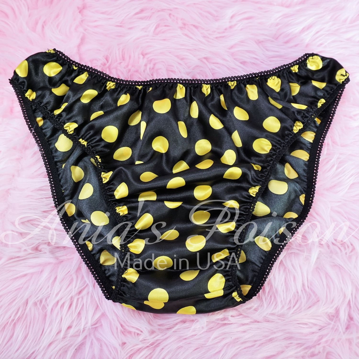 Anias Poison Full bikini cut Black & Yellow Polka Dot Soft satin lined SISSY panties for men MANTIES sz S - XXL