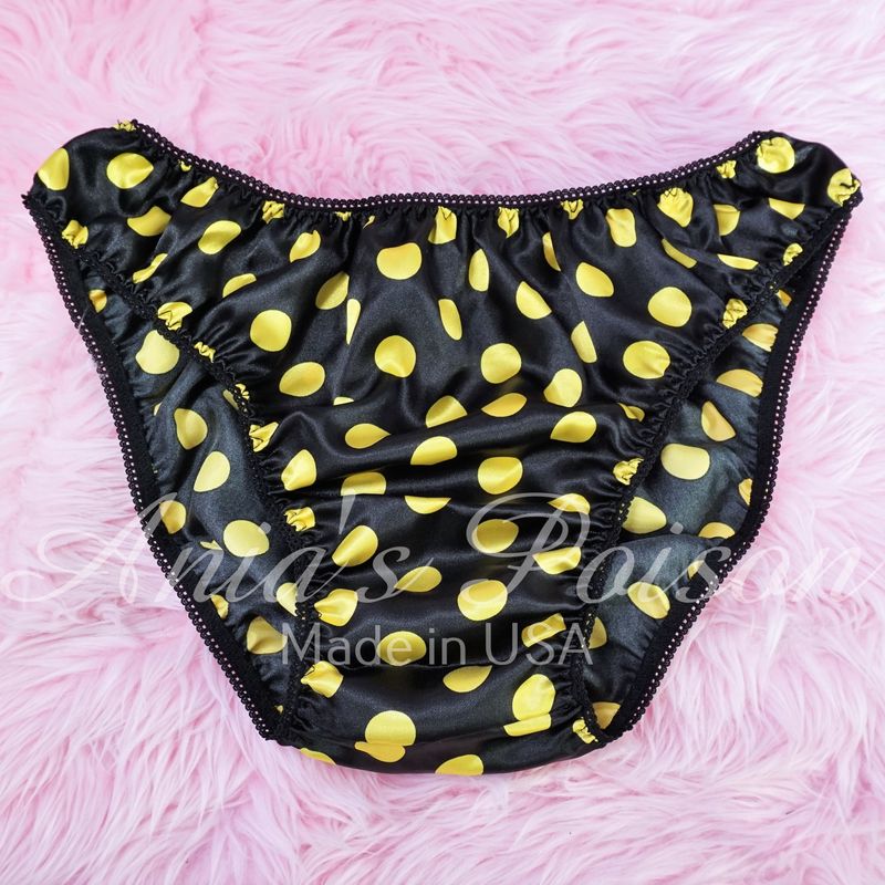 Anias Poison Full bikini cut Black & Yellow Polka Dot Soft satin lined SISSY panties for men MANTIES sz S - XXL