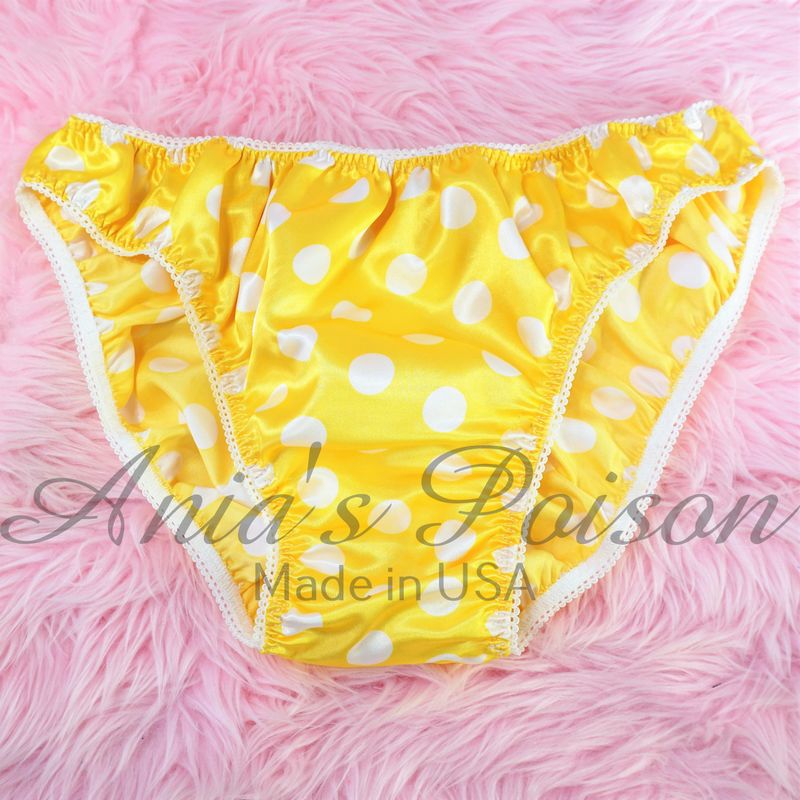 Anias Poison Full bikini cut Yellow & White Polka Dot Soft satin lined SISSY panties for men MANTIES sz S - XXL