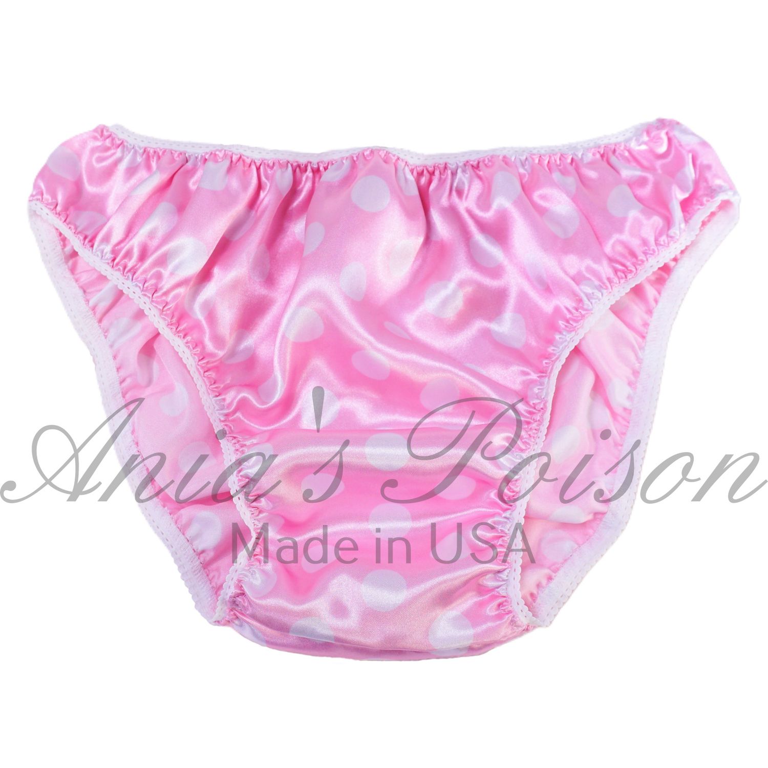 Anias Poison Full bikini cut baby Pink & White Polka Dot Soft satin lined SISSY panties for men MANTIES sz S - XXL