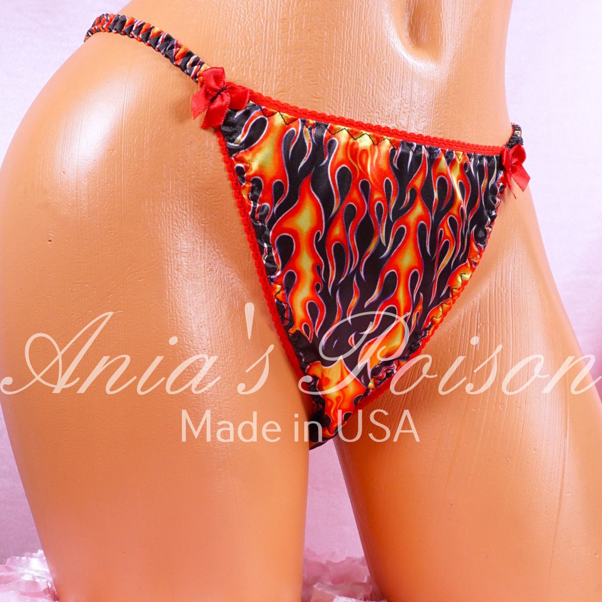 Halloween Lace Duchess Classic 80's cut Fire Flames Rare satin wet look ladies string bikini panties sz  6 7 8