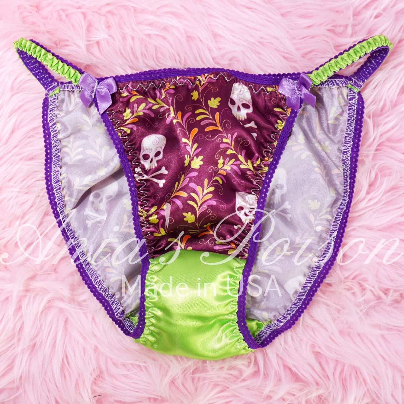 Lace Duchess Classic 80's cut Halloween purple bats satin wet look women's string bikini panties sz  5 - 9