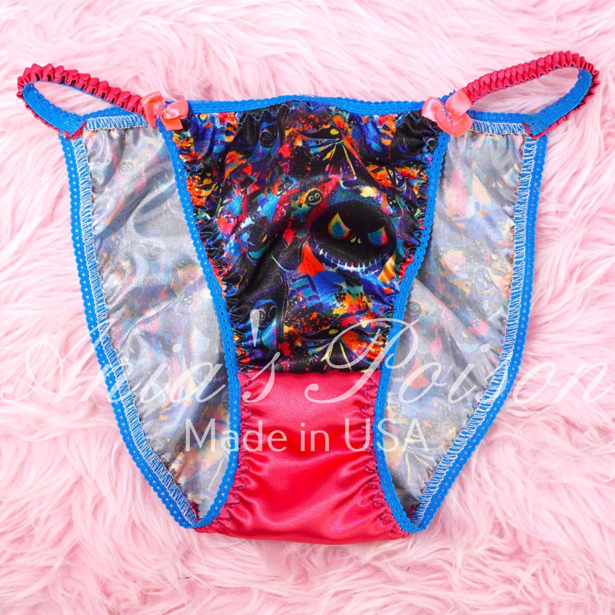 Lace Duchess Classic 80's cut Halloween JAck Skellington  satin wet look women's string bikini panties sz  5 - 9
