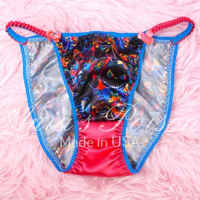 Lace Duchess Classic 80's cut Halloween JAck Skellington  satin wet look women's string bikini panties sz  5 - 9