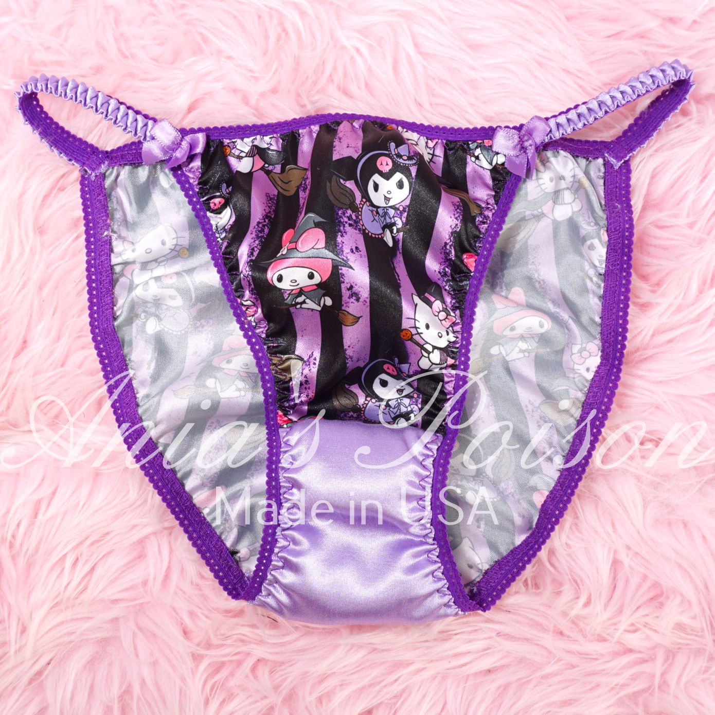Lace Duchess Classic 80's cut Halloween purple bats satin wet look women's string bikini panties sz  6, 7, 8 Very Limited