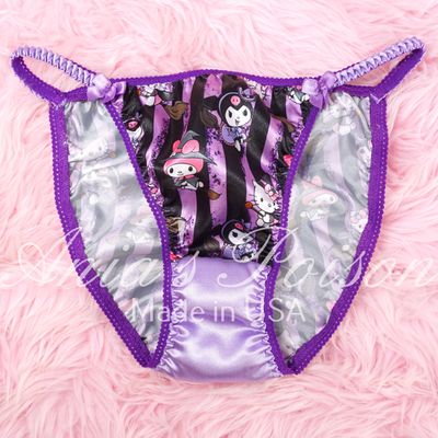 Lace Duchess Classic 80's cut Halloween purple bats satin wet look women's string bikini panties sz  6, 7, 8 Very Limited