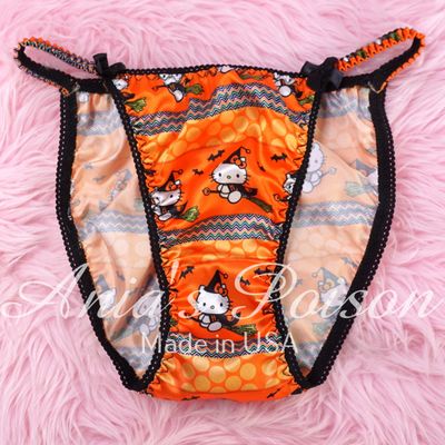 Halloween Classic 80's cut Satin panties Witch CAT Lace Duchess wet look ladies string bikini panties sz  5 6 7 8 9
