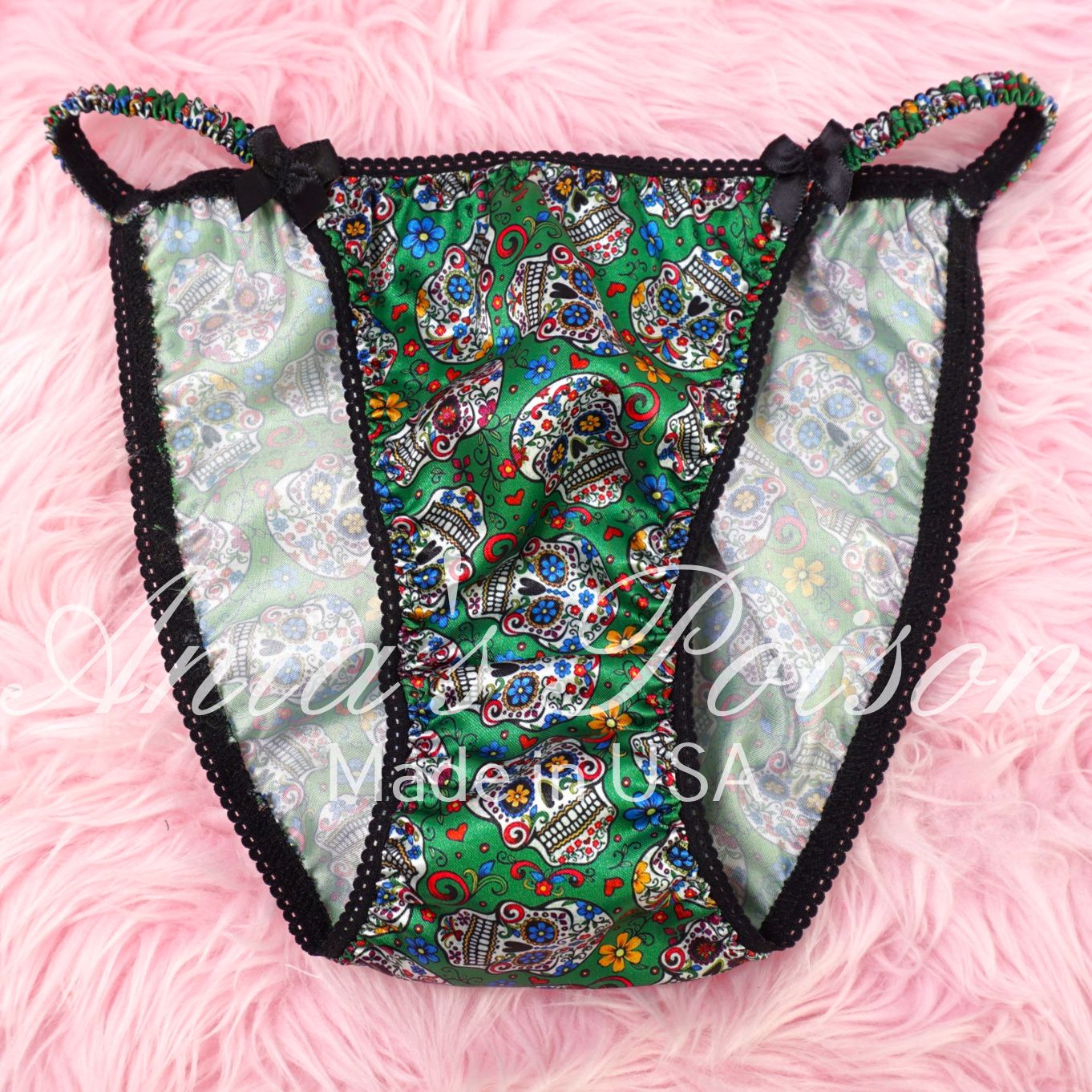 Halloween Classic 80's cut Satin panties Green Sugar Skulls Lace Duchess wet look ladies string bikini panties sz  5 6 7 8 9