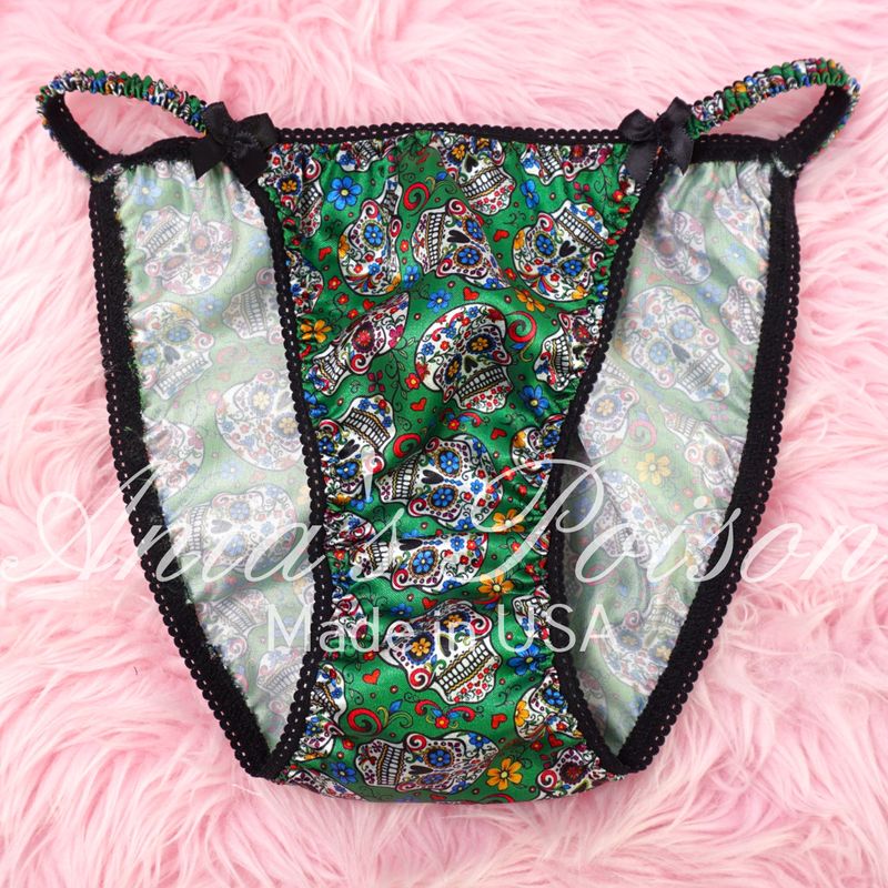 Halloween Classic 80's cut Satin panties Green Sugar Skulls Lace Duchess wet look ladies string bikini panties sz  5 6 7 8 9