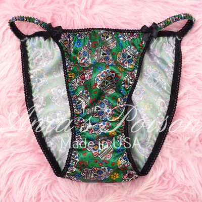 Halloween Classic 80's cut Satin panties Green Sugar Skulls Lace Duchess wet look ladies string bikini panties sz  5 6 7 8 9