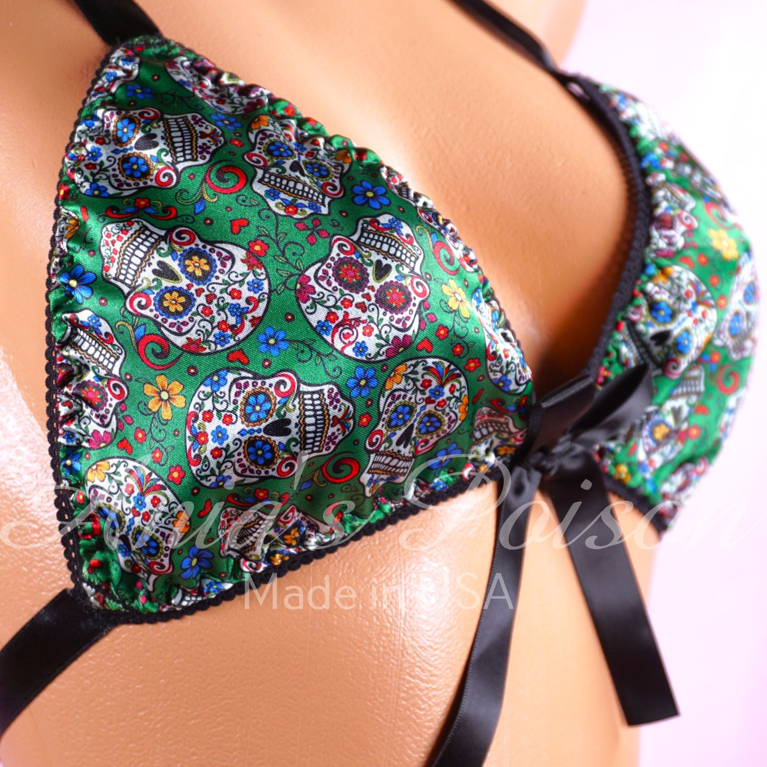 Satin Halloween Green Sugar Skulls unisex tie up Satin lined halter triangle OS bra
