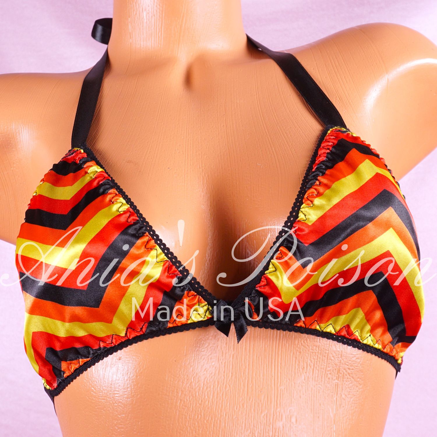 Satin Halloween chevron stripes unisex tie up Satin lined halter triangle OS bra