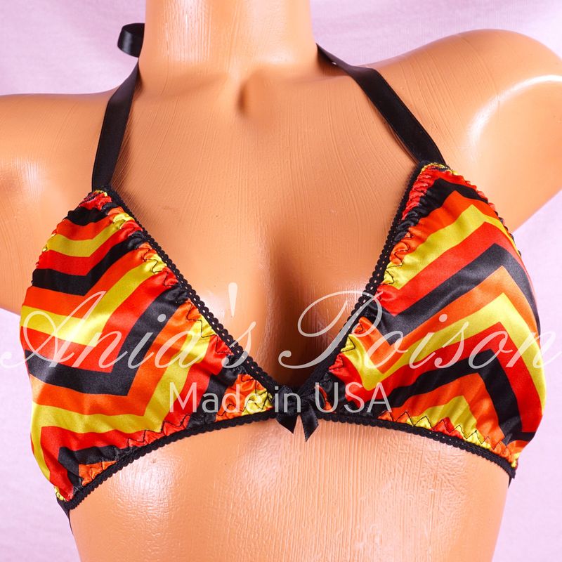 Satin Halloween chevron stripes unisex tie up Satin lined halter triangle OS bra