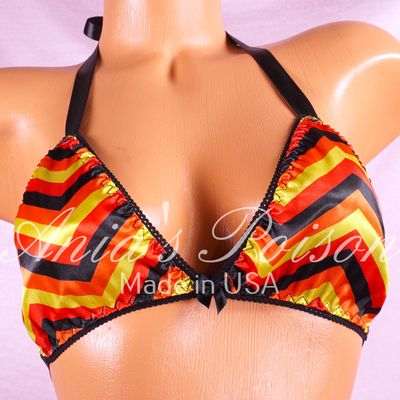 Satin Halloween chevron stripes unisex tie up Satin lined halter triangle OS bra