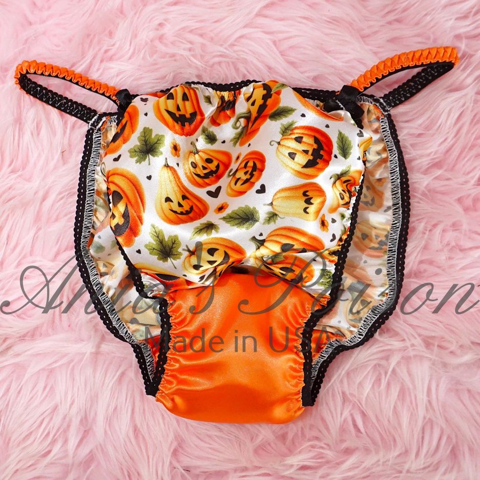 Satin Panties for Men Halloween Pumpkin Orange satin crotch 100% polyester SATIN string bikini panties Ania's poison Cut S- XXL