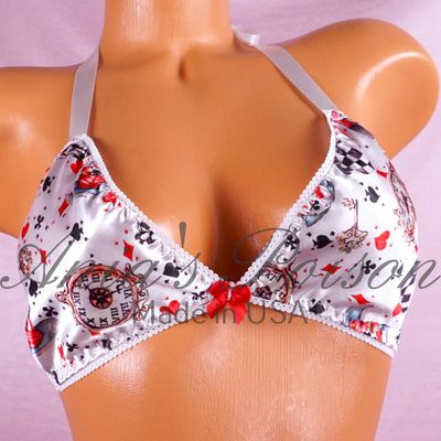 Satin Halloween Mad hatter white unisex tie up Satin lined halter triangle OS bra
