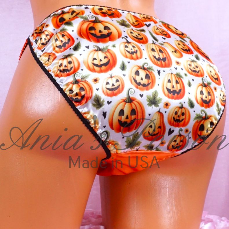 Lace Duchess Classic 80's cut Halloween Pumpkins Orange satin wet look women's string bikini panties sz  6, 7, 8