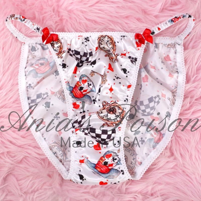 Halloween Classic 80's cut Satin panties white Alice in wonderland Lace Duchess wet look ladies string bikini panties sz  6 7 8