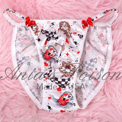 Halloween Classic 80's cut Satin panties white Alice in wonderland Lace Duchess wet look ladies string bikini panties sz  6 7 8