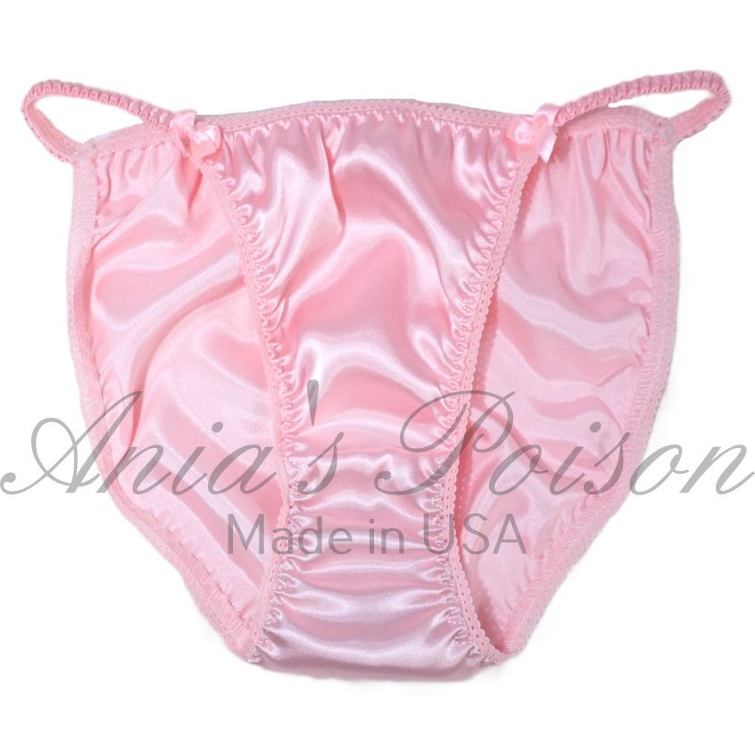 baby PINK Satin Panties Lace Duchess Classic 80's cut Sissy Ladies shiny wet look Vintage Style string bikini sz 6 7 8