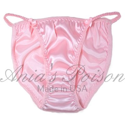 baby PINK Satin Panties Lace Duchess Classic 80's cut Sissy Ladies shiny wet look Vintage Style string bikini sz 6 7 8