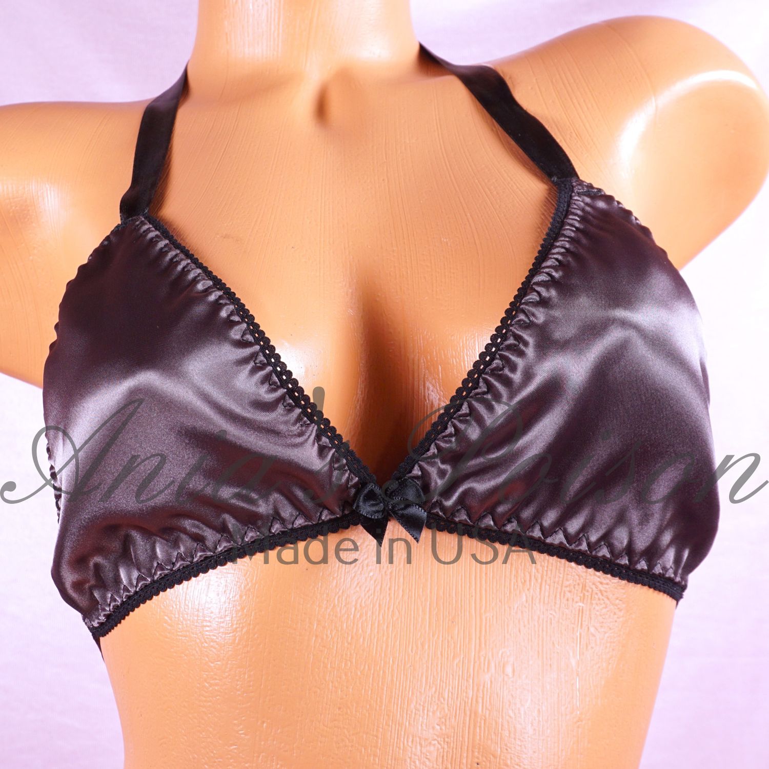 Charcoal Gray wetlook Satin Triangle SATIN tie up halter triangle OS bra