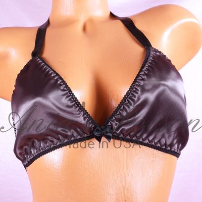 Charcoal Gray wetlook Satin Triangle SATIN tie up halter triangle OS bra
