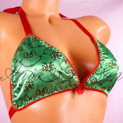 Satin Christmas Bra grouch green unisex tie up Satin lined halter triangle OS bra Satin Christmas Bra grouch green unisex tie up Satin lined halter triangle OS bra
