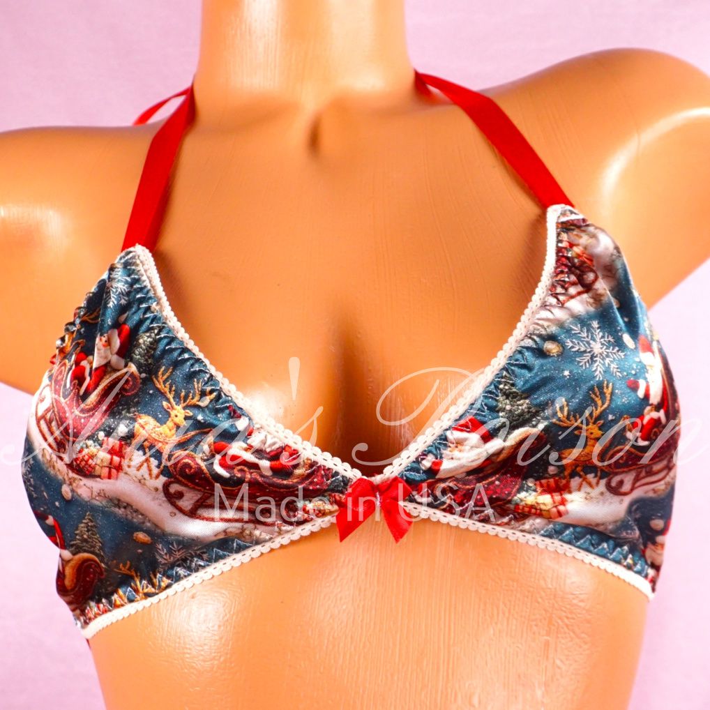 Satin Christmas Bra Santas unisex tie up Satin lined halter triangle OS bra Satin Christmas Bra Santas unisex tie up Satin lined halter triangle OS bra