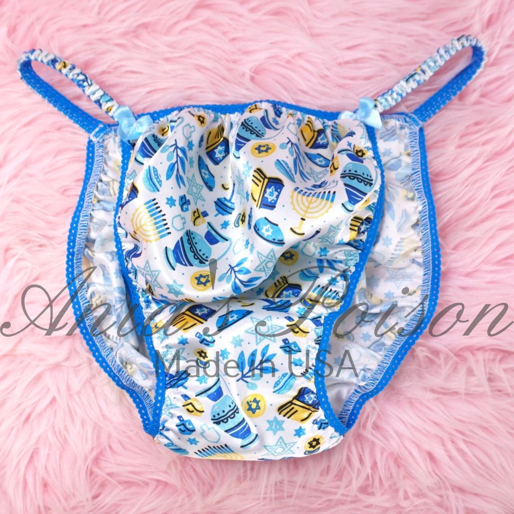 Hanukkah satin panties for Men Blue white 100% polyester SATIN string bikini panties Ania's poison Cut M-XL Hanukkah satin panties for Men Blue white 100% polyester SATIN string bikini panties Ania's poison Cut M-XL