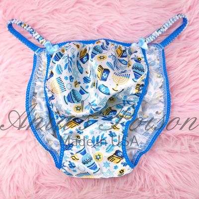 Hanukkah satin panties for Men Blue white 100% polyester SATIN string bikini panties Ania's poison Cut M-XL Hanukkah satin panties for Men Blue white 100% polyester SATIN string bikini panties Ania's poison Cut M-XL