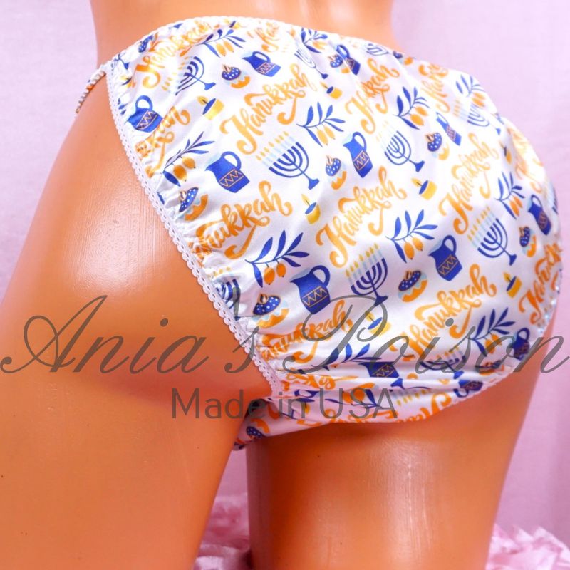 Hanukkah satin panties for Men Yellow Blue 100% polyester SATIN string bikini panties Ania's poison Cut M-XL Hanukkah satin panties for Men Yellow Blue 100% polyester SATIN string bikini panties Ania's poison Cut M-XL