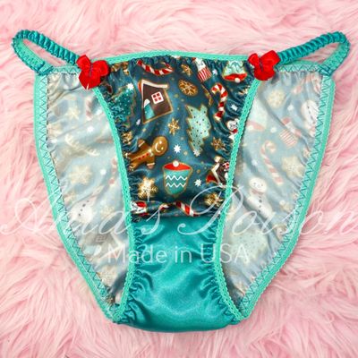 Christmas Print Lace Duchess sissy panties with teal double crotch Classic 80's cut satin wet look WOMEN'S panties sz 5 6 7 8 9