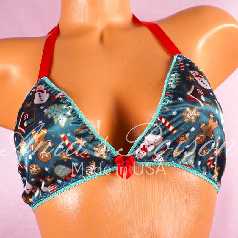Teal Satin Christmas Bra Santas unisex tie up Satin lined halter triangle OS bra Teal Satin Christmas Bra Santas unisex tie up Satin lined halter triangle OS bra