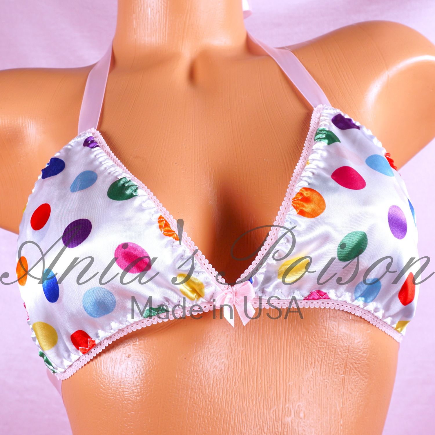 Rainbow Polka dot matching wetlook Satin Triangle tie up halter triangle OS bra Rainbow Polka dot matching wetlook Satin Triangle tie up halter triangle OS bra