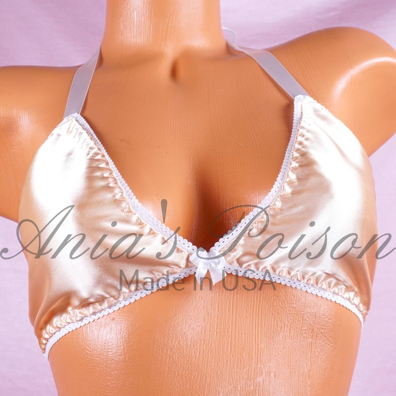 Champagne wetlook Satin Triangle SATIN tie up halter triangle OS bra Champagne wetlook Satin Triangle SATIN tie up halter triangle OS bra